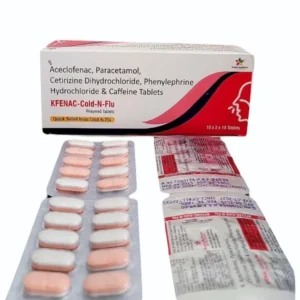 Kfenac-cold- N-flu | Aceclofenac 100mg, Paracetamol 325mg, Cetrizine 5mg, Phenylephrine 5mg, Caffeine 25mg Tablet