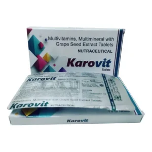 Karovit | Grape seed extract 50mg, Vitamin C 40mg, Vitamin B3 18mg, Vitamin E 10mg, Zinc 10mg, Mg 3mg, Folic acid 100mcg, Biotin 10mg, copper 30mcg Tablet